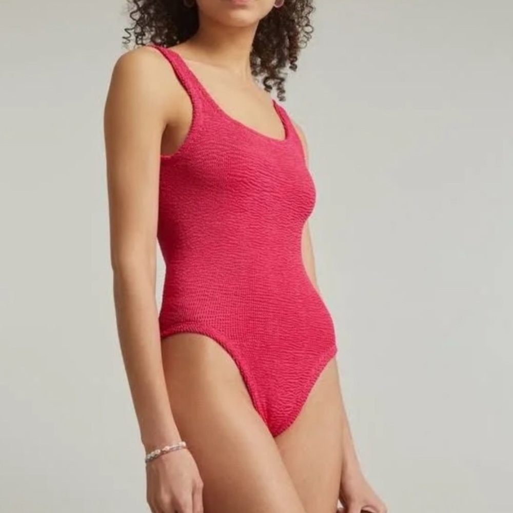 Hunza G original crinkle metallic raspberry square neck one-piece swimsuit